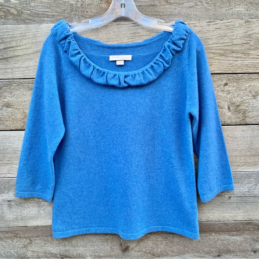 Kinross Sweater Womens L Cashmere Ruffle Boat Neck Preppy Quiet Luxury Blue